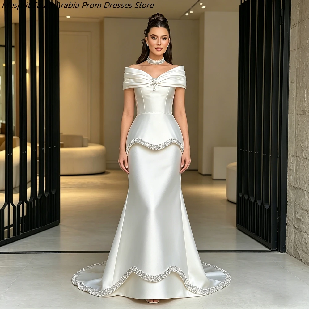

Women's Mermaid Evening Dresses Floor-length Off The Shoulder Sleeveless Prom Dresses Fashion Crystal Pleat Customized Gowns
