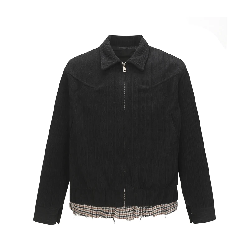 

Black Bump Twist Stripe Zipper Lapel Jackets Hem Patchwork Color Plaid Cloth Men Women Loose Casual Office Commuter Jacket