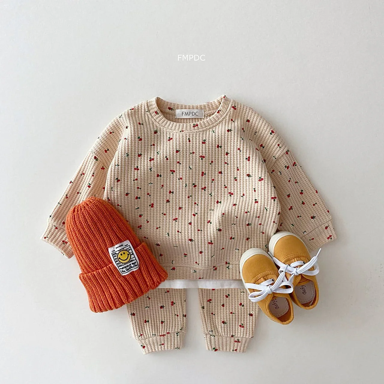 2022 Toddler Waffle Cotton Suit Fruit Print Sweatshirt + Pants Set Baby Outfits