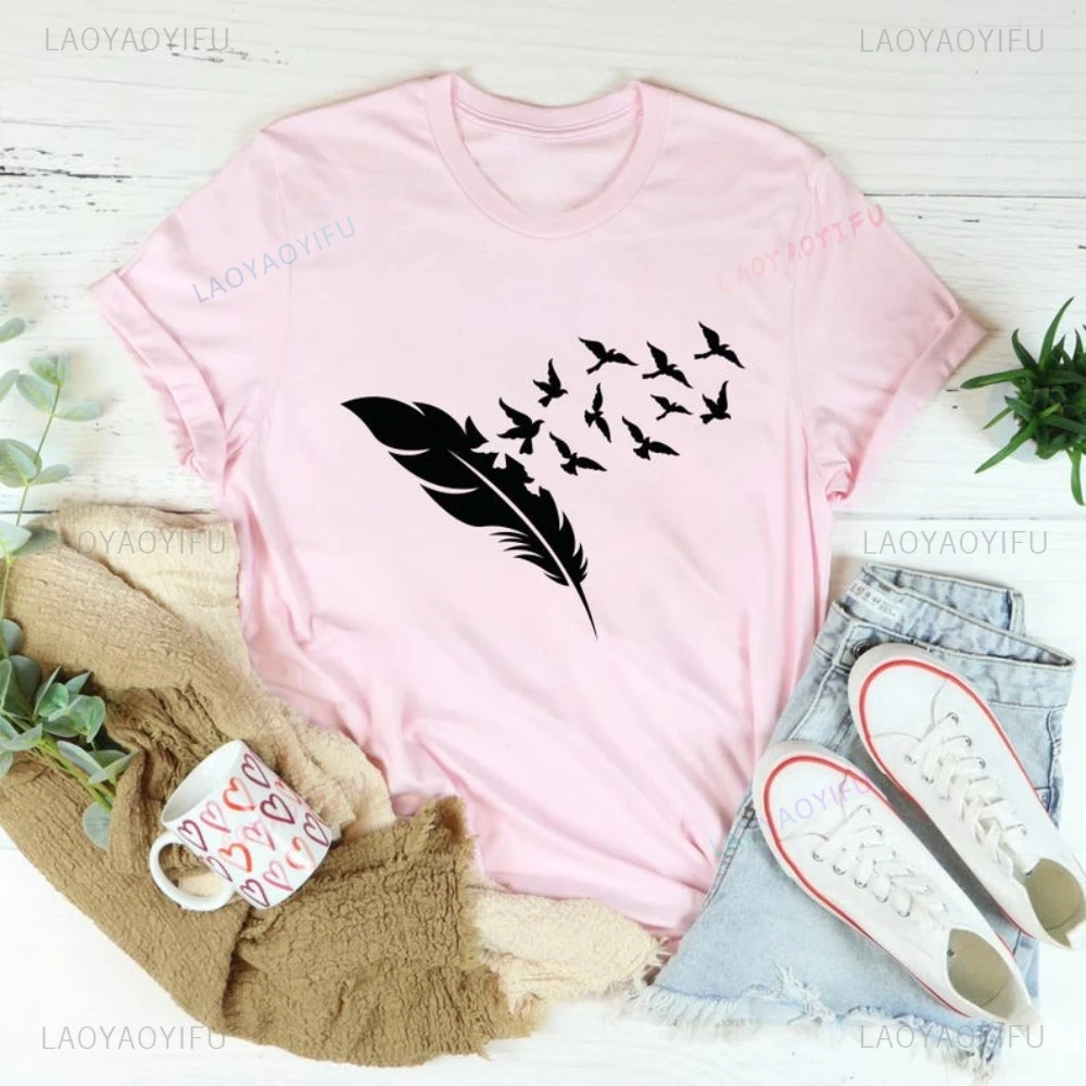 Funny Feather Idea Printed T Shirt Bohemian Style Bird Shadow Graphic Man Women TShirts Casual Fashion Harajuku Streetwear