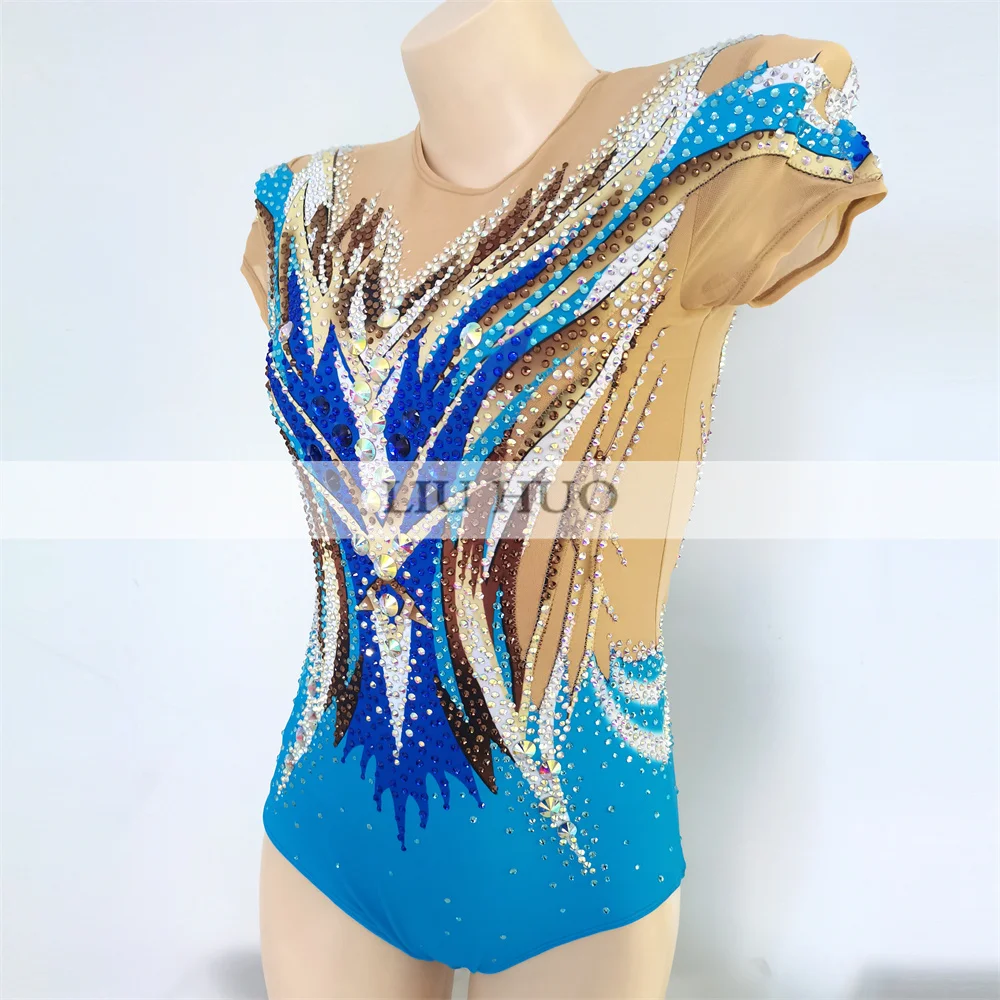 LIUHUO Leotardo de gimnasia rítmica aeróbico mujeres adultas disfraz de niña actuación competición vestido de baile profesional azul adolescentes