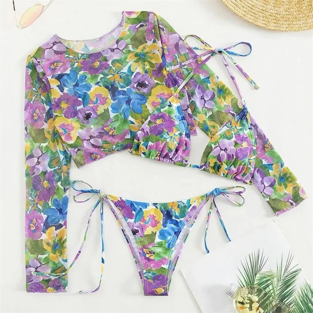 Cute Floral Print Bikini Micro String Swimsuit Y2K Crop Top Cover-up Flowers Vacation Swimwears Women Beach Bathing Suits Tangas