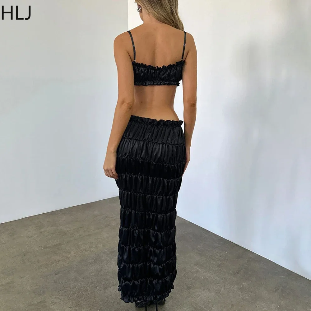 HLJ Black Sexy Y2K Ruched Skirts Two Piece Sets Women Thin Strap Backless Crop Top And Skirt Outfits Fashion Stacked Streetwear