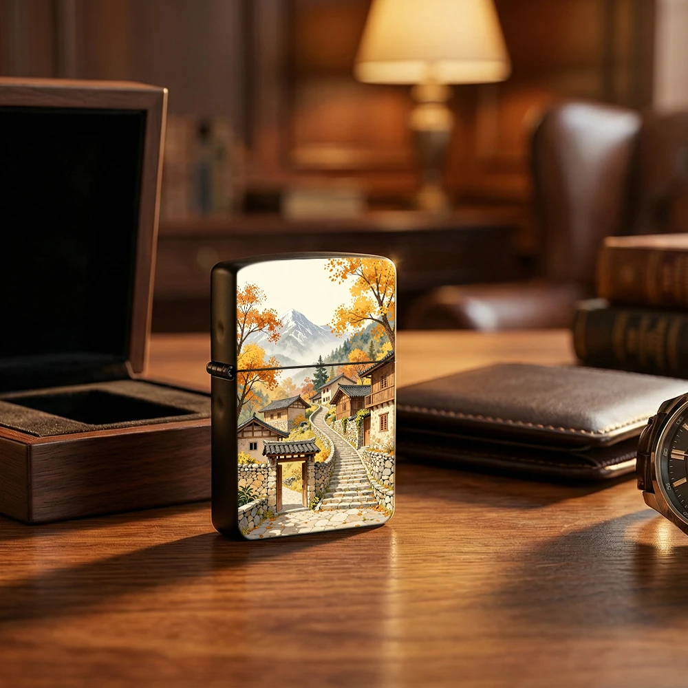 Vintage Flip Top Lighter lighters vintage Autumn Mountain Traditional Village Landscape Art Print lighters for smokers