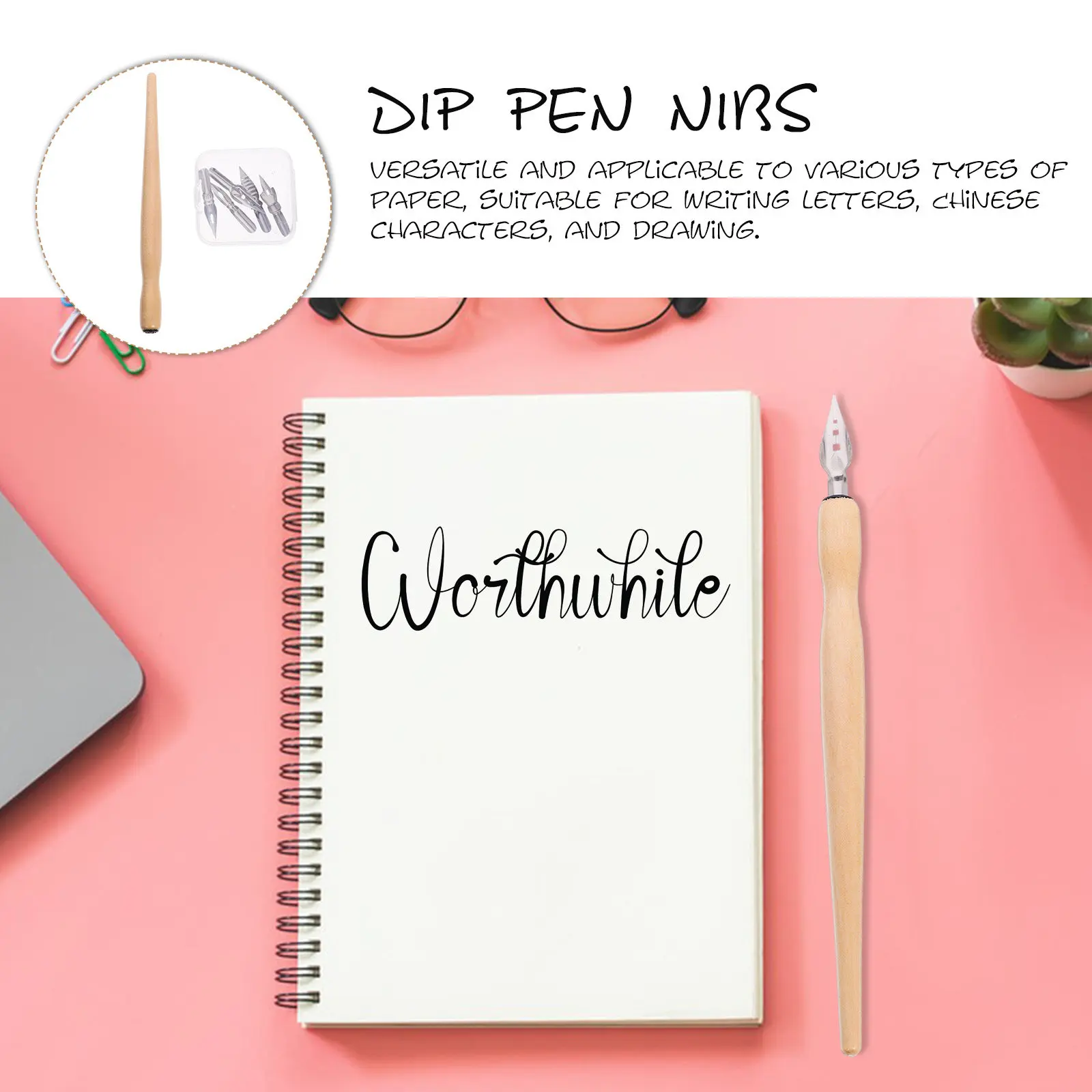 1Set Handmade Calligraphy Dip Pen Set Wood Tip Bent Design Interchangeable Nibs Pen Rod for Calligraphy Practice