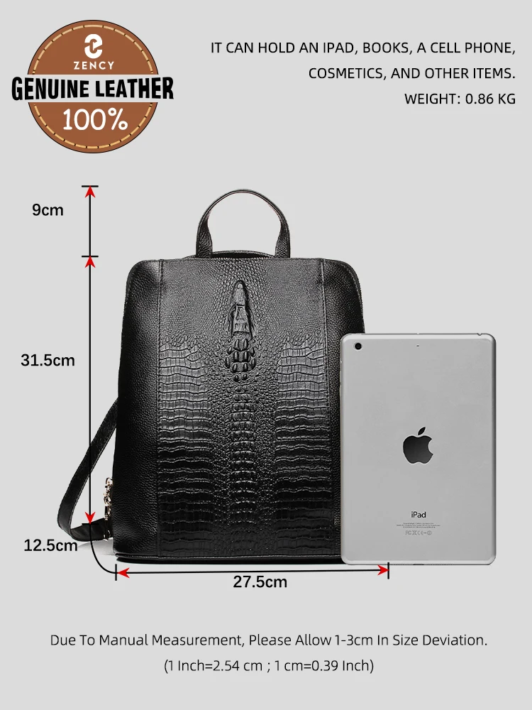 Zency Women's Crocodile Leather Backpack 100% Genuine Natural Travel Work School Bag with Notebook Compartment Laptop Carry-on