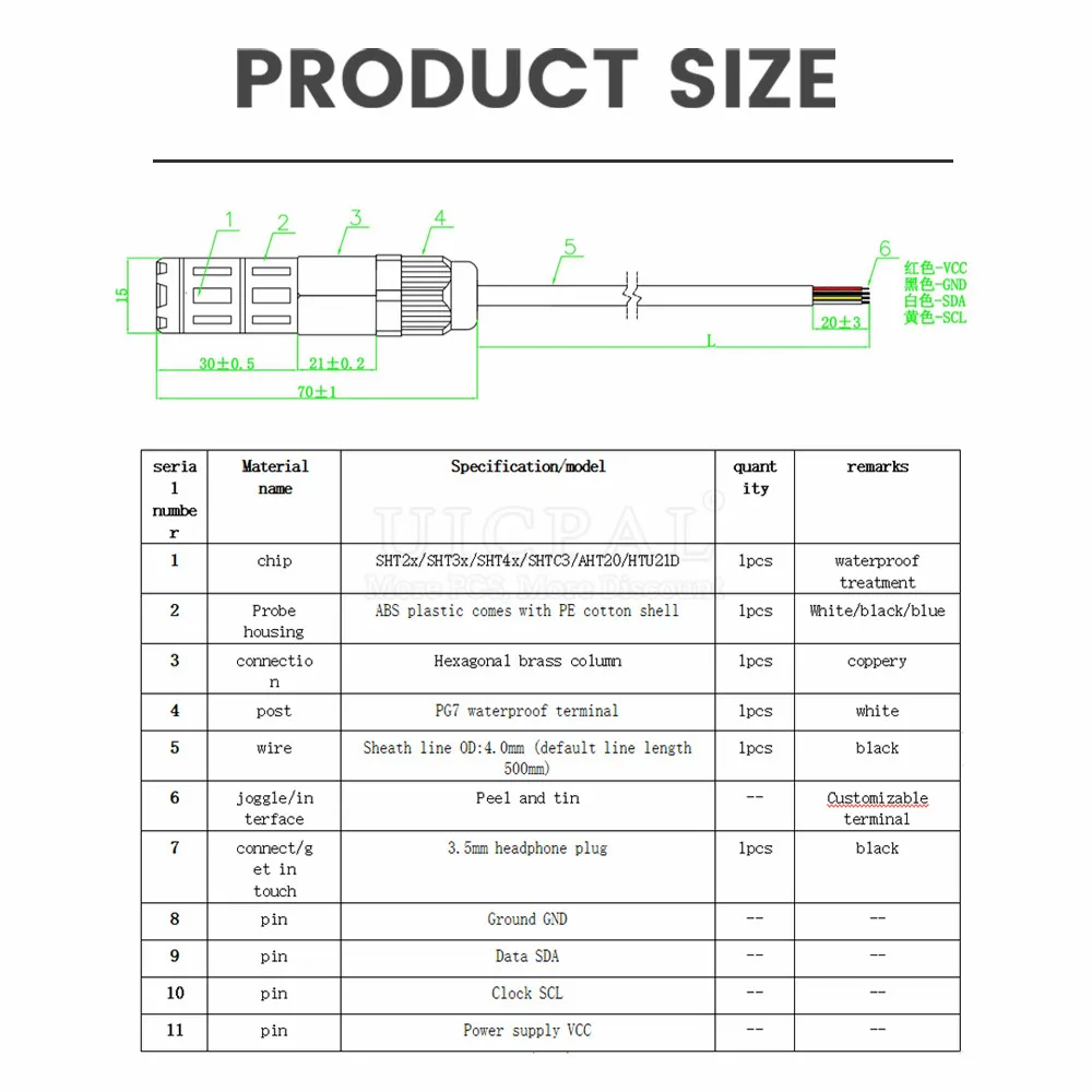 SHT40 SHT30 SHT20 SHTC3 Temperature Humidity Sensor Module Probe Cable Waterproof Digital Capacitance Sensors 1M I2C Output