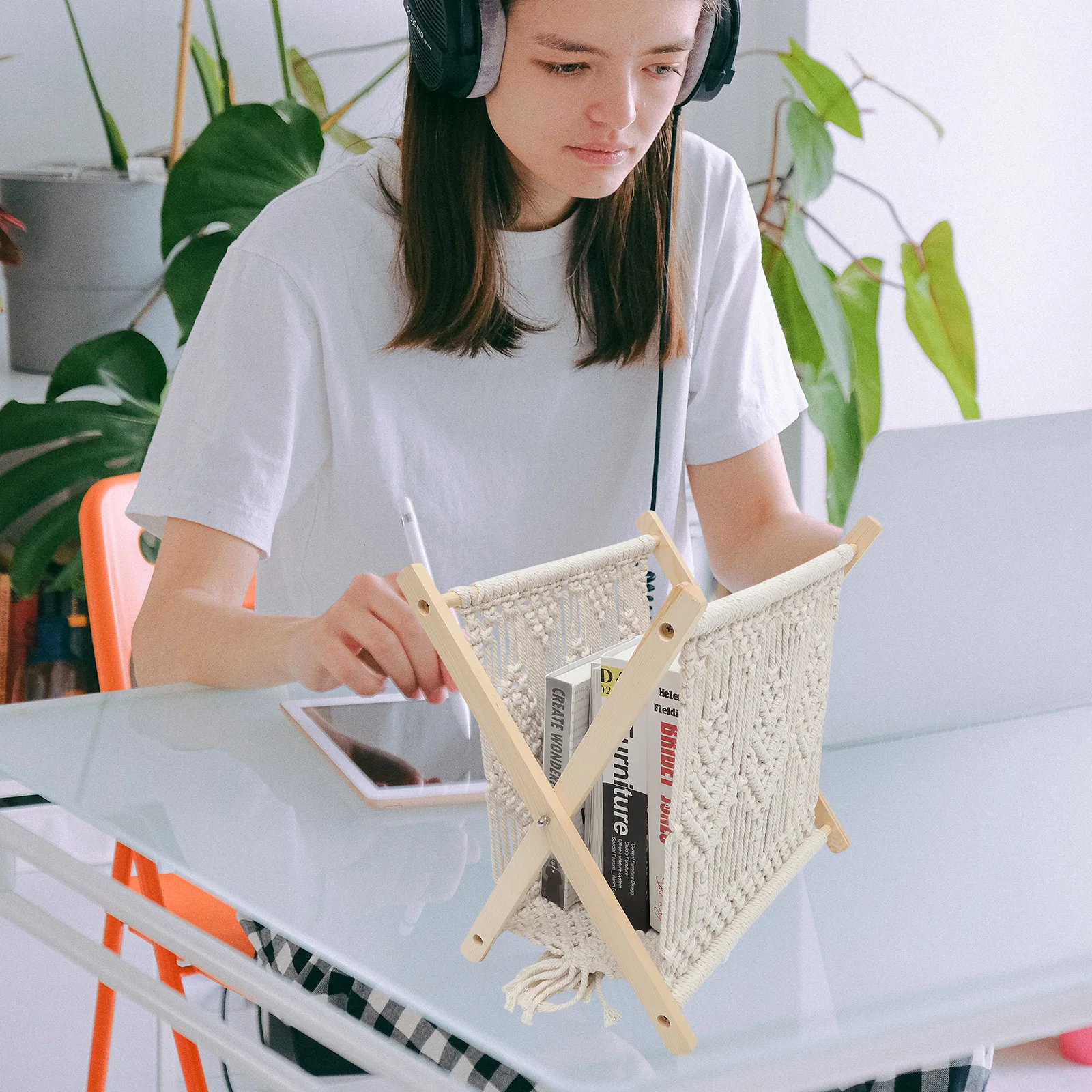 

1pc Cotton Rope Woven Storage Rack Magazine Book Holder Desktop Organizer Stand Rustic Decorative Home Office File Rack For