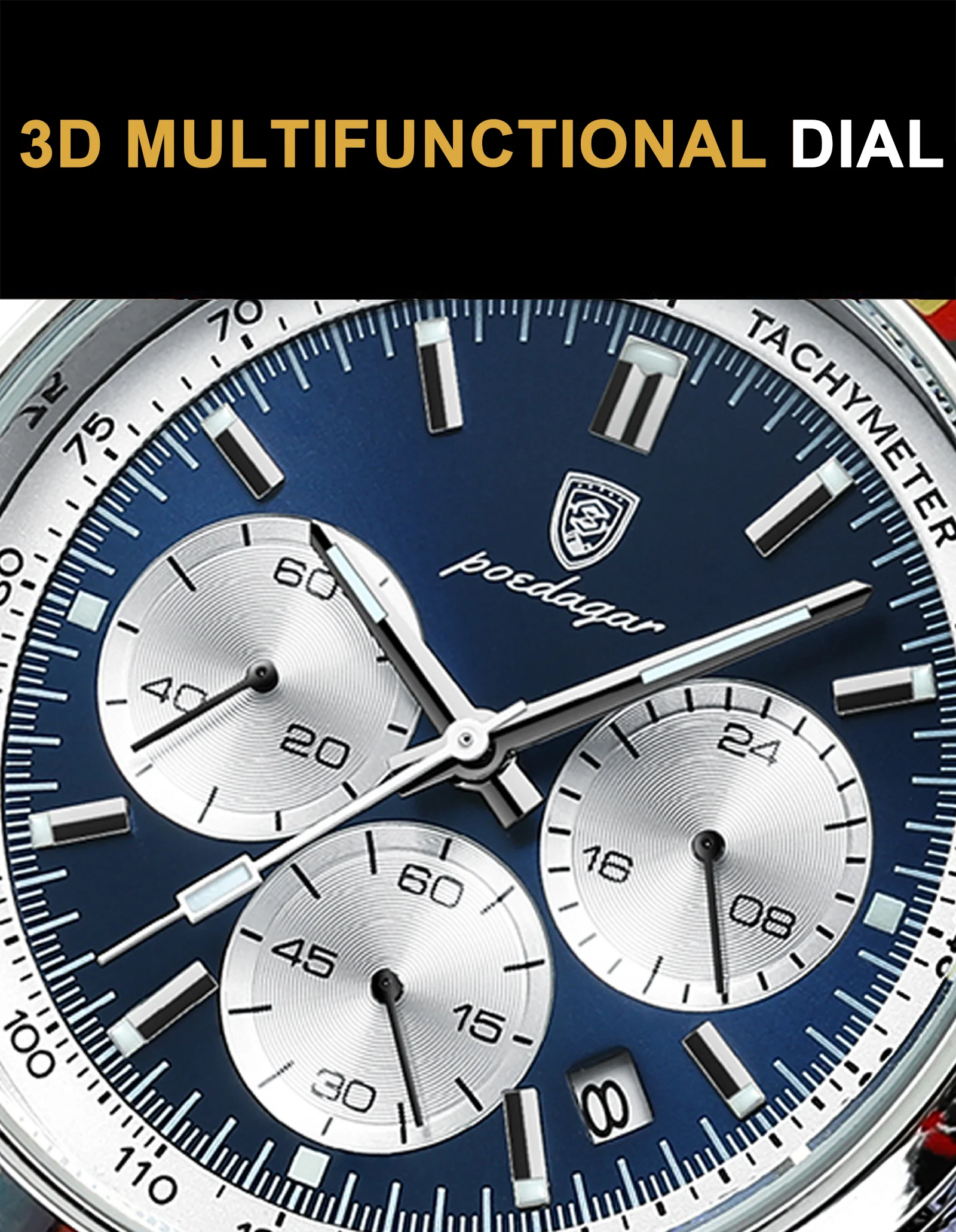 POEDAGAR Modische Herrenuhr Wasserdicht Leuchtend Leder Casual Herren-Armbanduhr Chronograph Hochwertige Herren-Quarzuhren Reloj – Detail 6