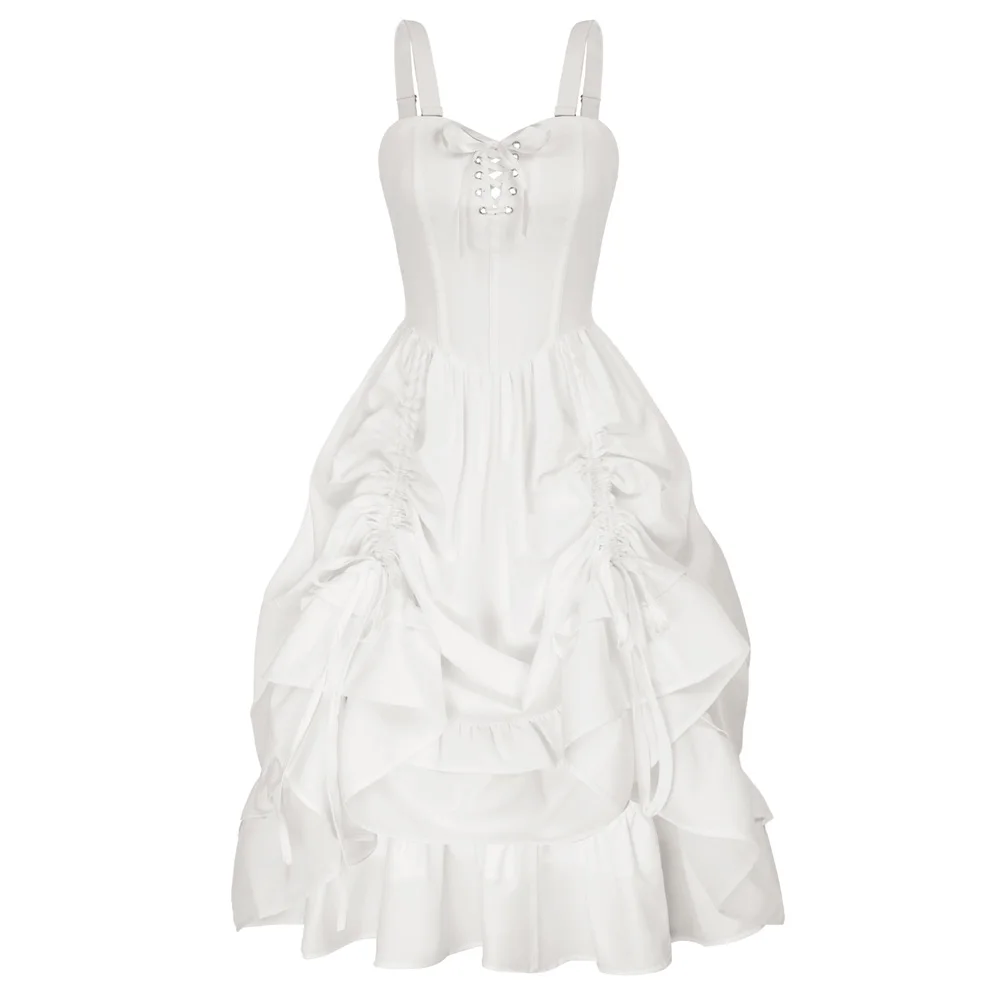 SD Women Vintage Flared A-Line Dress Lady Victorian Sleeveless Bodice Dress Medieval Renaissance Cosplay Dress With Drawstring
