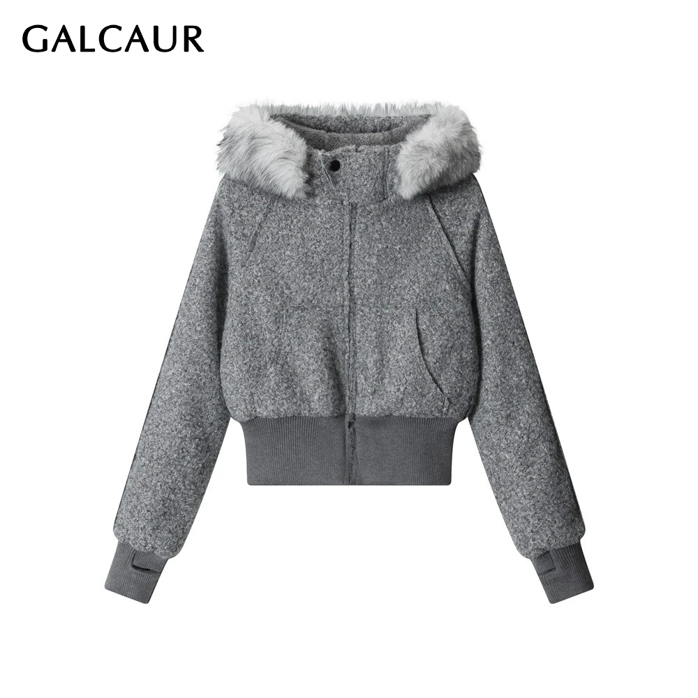 

GALCAUR Solid Spliced Fur Basics Jacket Female Stand Collar Long Sleeve Loose Korean Retro Women's Jackets Autumn Fashion New