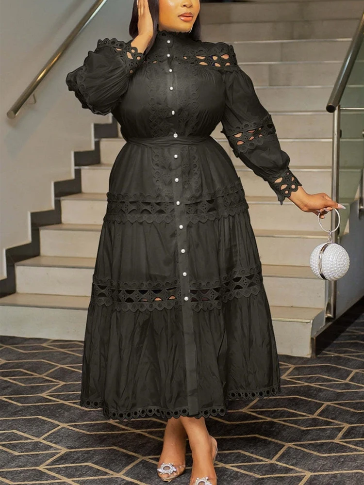 Weiß aushöhlen Kleid Frauen Vintage Spitze Spleiß lange Kleider weiblich elegant schick lässig einreihig Verband Party kleider