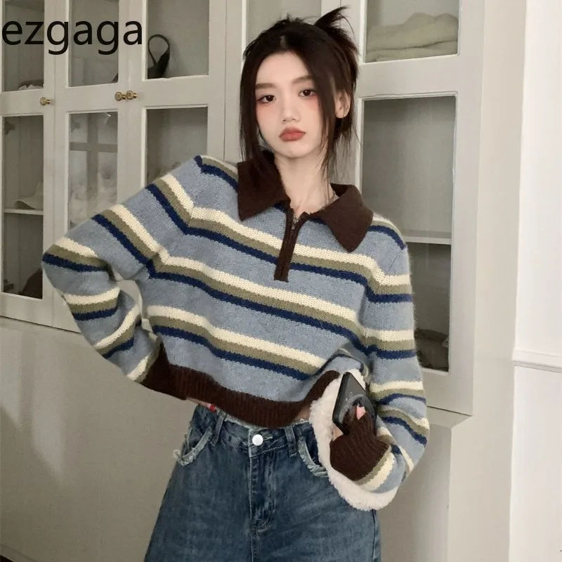 Ezgaga Striped Sweater Women Vintage Turn Down Collar Loose Zipper Knitted Crop Tops Female Pullover Casual Jumper Chic