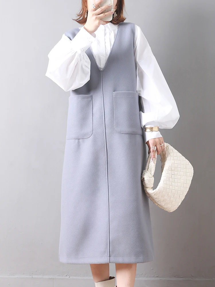 

Shirts & Dress Korean Fashion V Neck Sleeveless Tank Sundress Pocket Back Split Dress OL Elegant Long Sleeve White Shirt Blouses