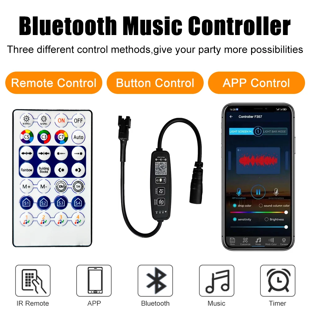 WS2812B WS2811 SK6812 Bluetooth Music Controller DC5V-24V 28Keys Remote With MIC Control Addressable Smart RGB Pixel Strip Light