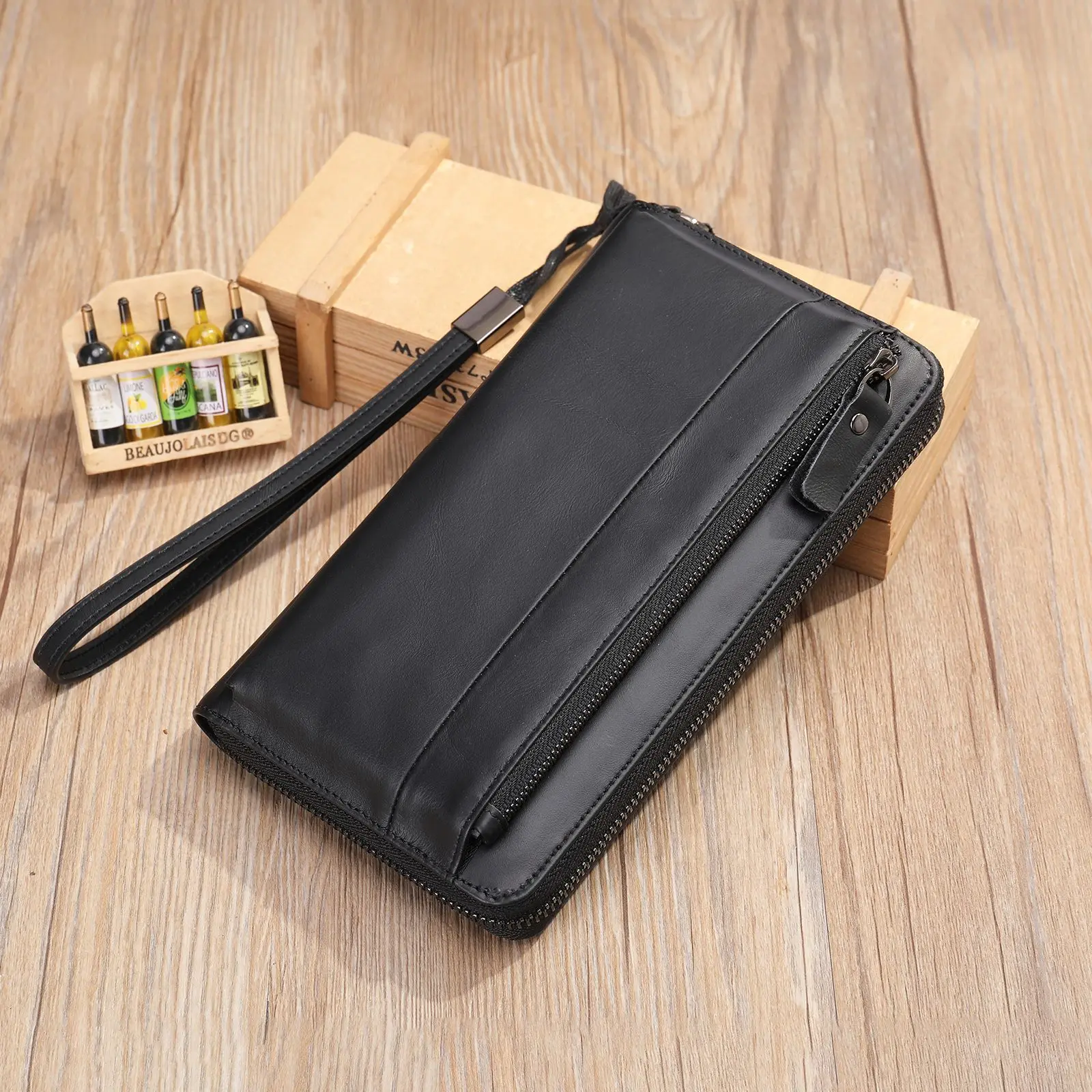 Fashion Luxury Genuine Leather Men's Wallet Clutch Bag Card Holder Long Wallets Double Zipper Large Capacity Vintage Male Purses