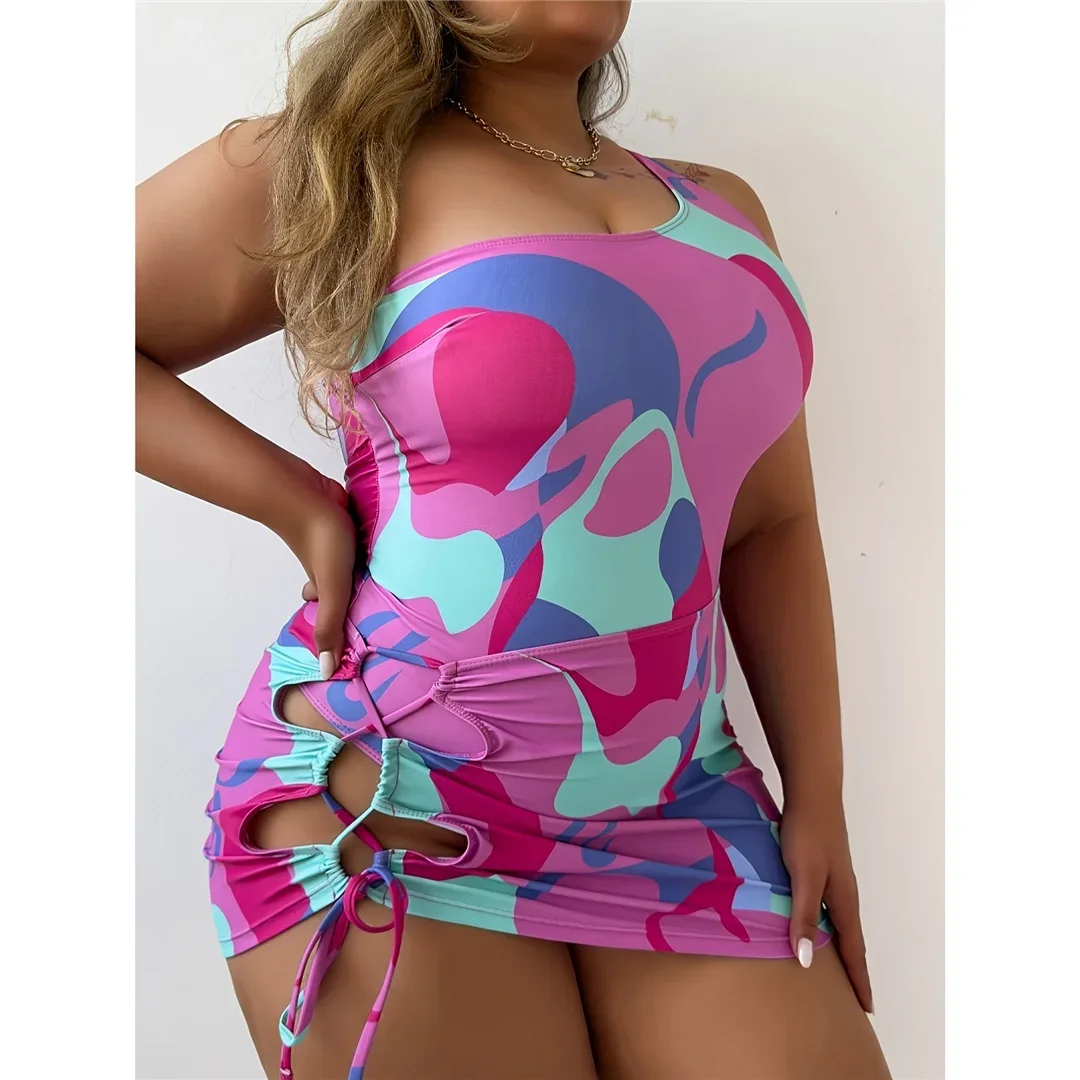 0XL - 4XL New Printed With Skirt Large Size Swimwear Plus Size One Piece Swimsuit Female Women Bather Bathing Suit Swim V5802