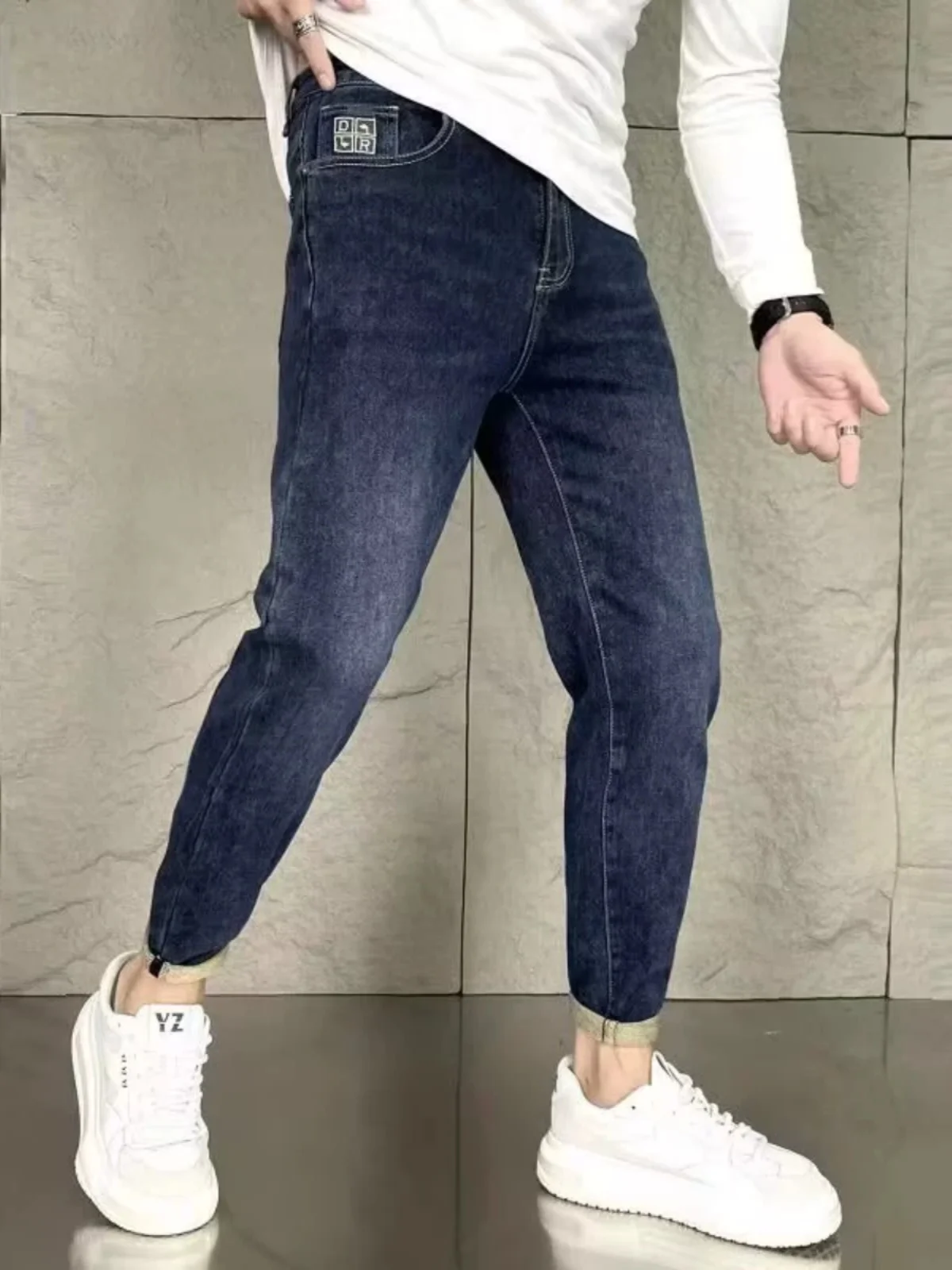 

Весенне-осенние мужские облегающие джинсы, эластичные повседневные длинные брюки, модные элитные легкие модные хлопковые эластичные джинсы
