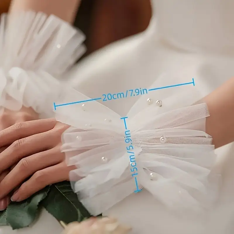 Simple Pearl Sheer Mesh Bridal Wedding Sleeves Short Hand Sleeves White Wrist Flower Photography Sleeves Travel Wedding