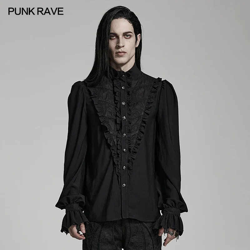 PUNK RAVE Men\'s Gothic Chiffon Exquisite Ruffle Stand Collar Shirt Party Club Tops Spring/Autumn Shirts for Men Clothing