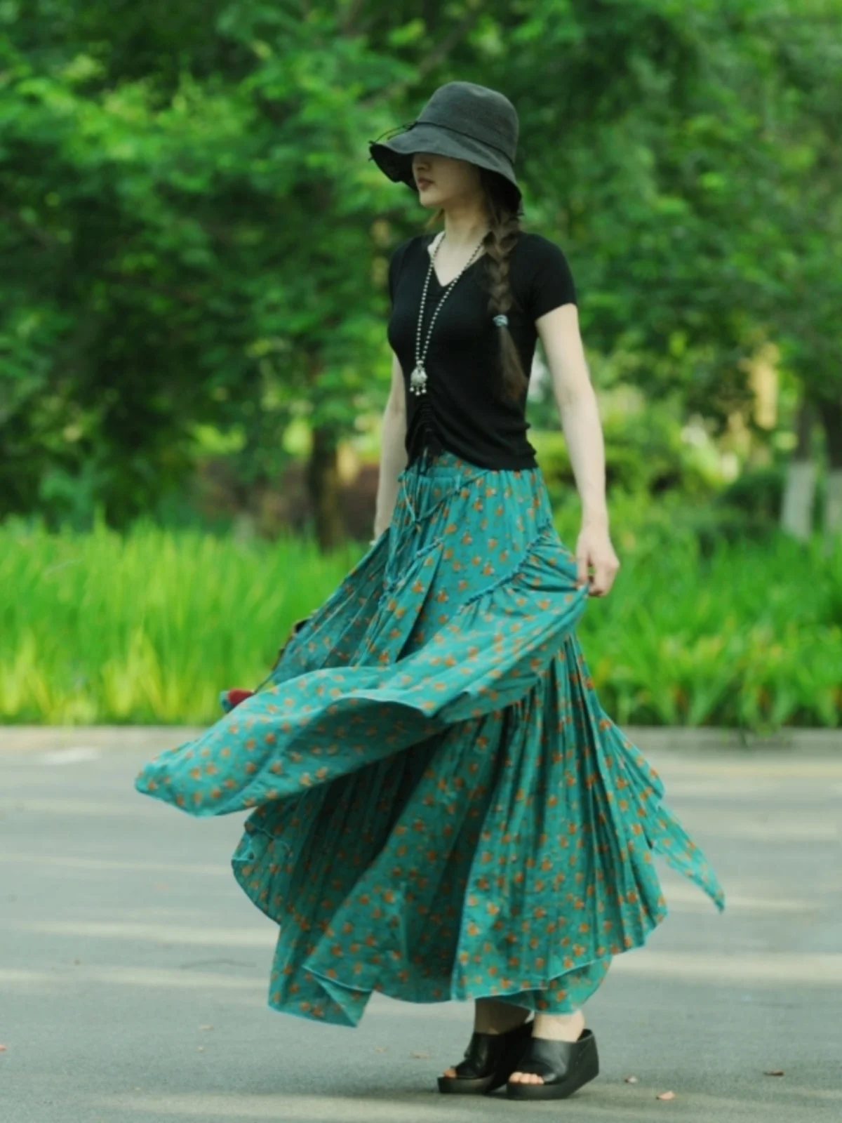 Free Shipping 2024 New Fashion Long Maxi A-line Elastic Waist Green Women Summer Spring S-2XL Cotton Poplin Print Big Hem Skirts