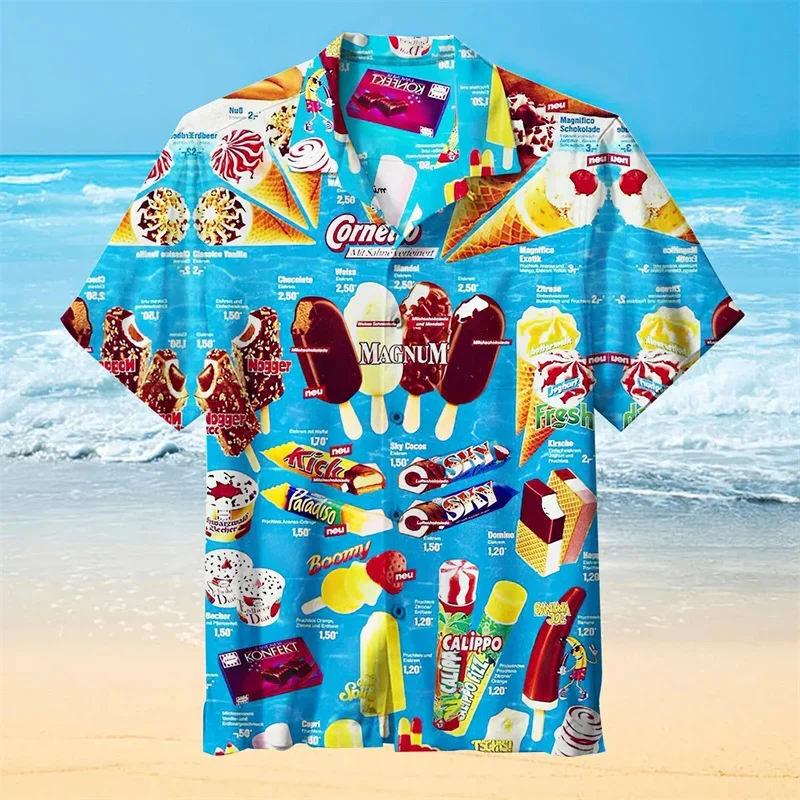 

Ice Cream Graphic Hawaiian Shirt For Men Colorful Splicing 3D Printed Short Sleeve Summer Loose Street Aloha Shirts Lapel Blouse