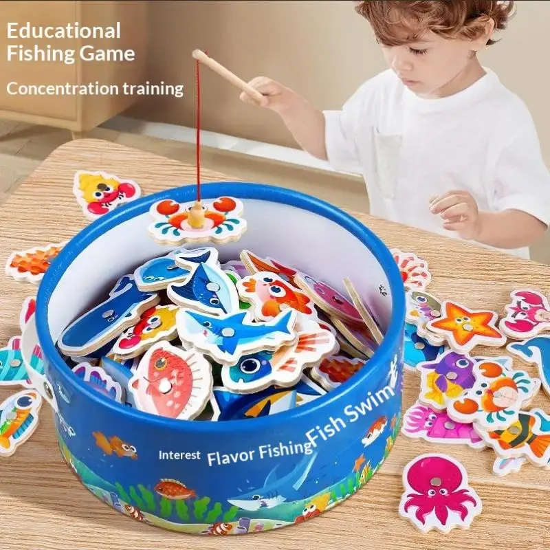 20/30/51개 교육용 장난감 나무 자석 낚시 게임 장난감 세트 어린이용 만화 물고기 장난감