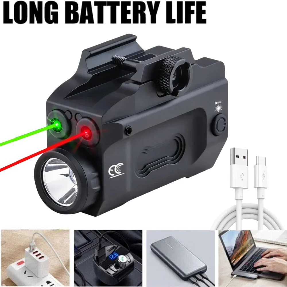 Rechargeable Tactical LED Flashlight Combo Green/Red Sight LED 500LM Compact Pistol Weapon Gun Light for Shoting Camping