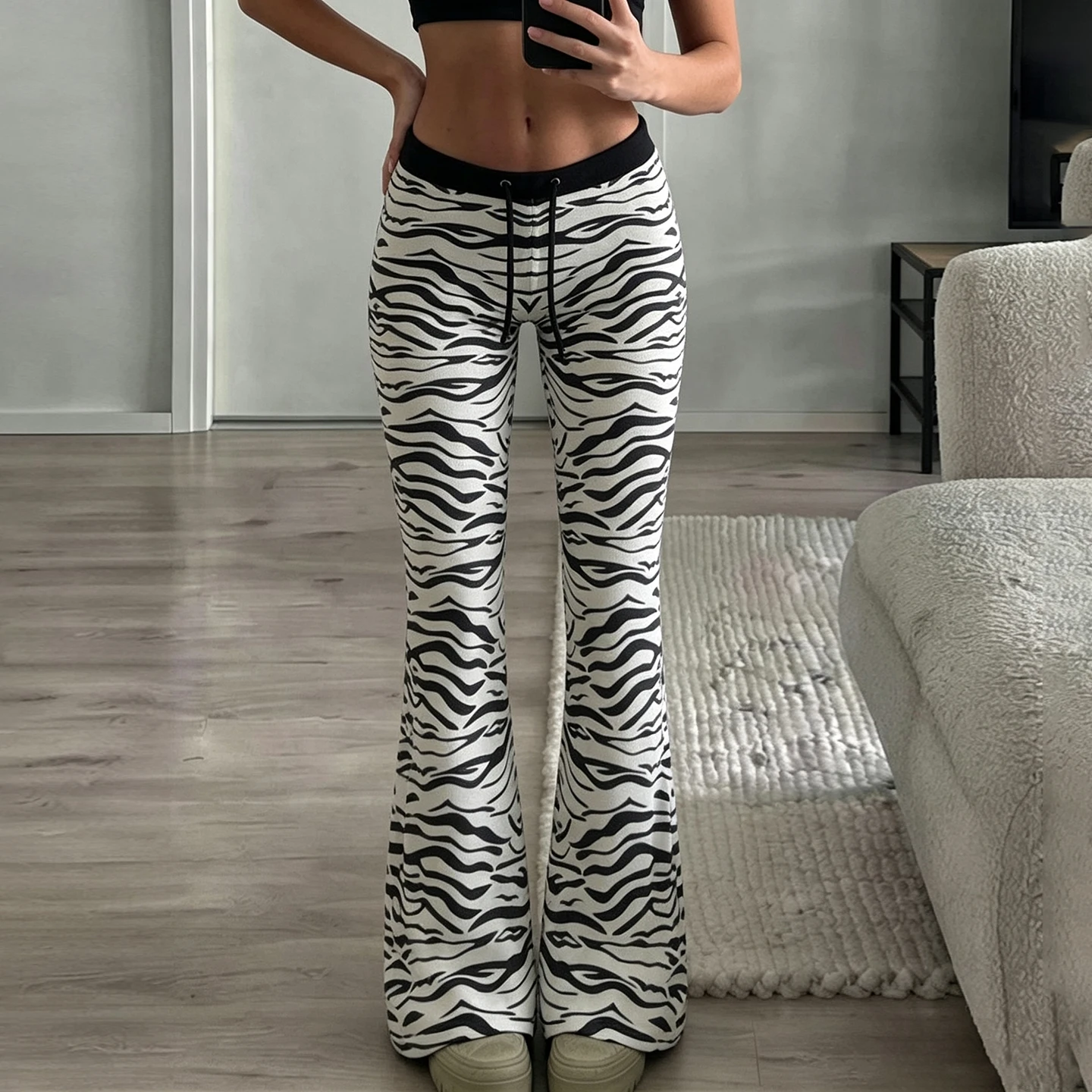 Black White Zebra Striped Bell Bottom Trousers Ladies Drawstring Waist Slim Stretch Y2K Flare Pants Streetwear Long Bottoms New