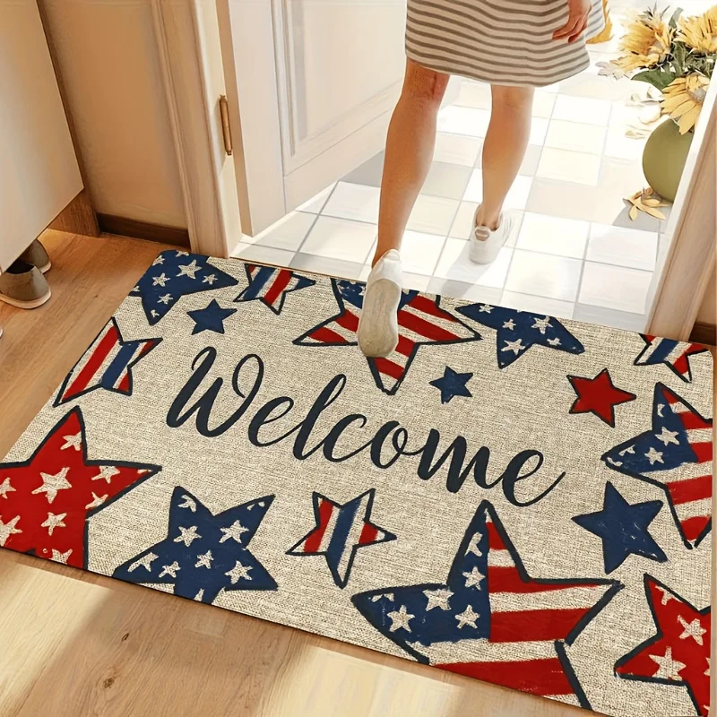 1pc Flannel Material Door Mat, Flannel Rectangular Entrance Rug + 10mm Thickness + 500g/㎡, Patriotic American Flag Stars Welcome Mat - Independence Day and