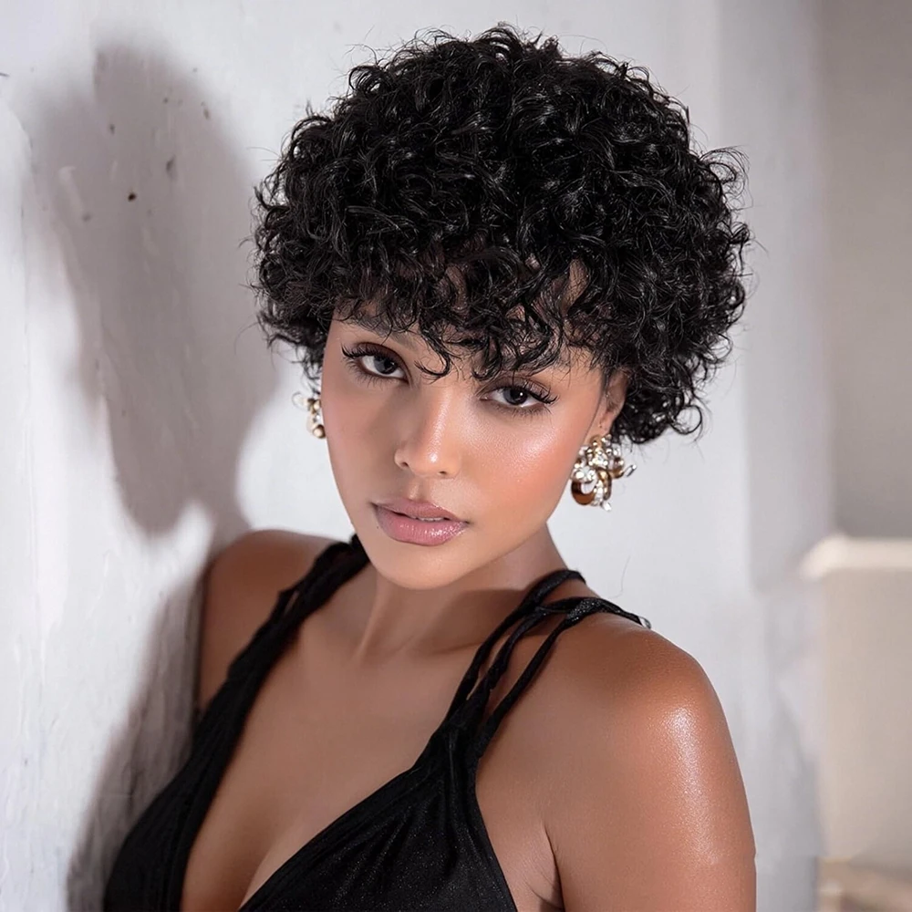 ピクシーカットウィッグ ショート キンキーカール 人毛ウィッグ ブラジル産レミーヘア 機械製 黒人女性向け 生え際プレプラッキング済み カールウィッグ