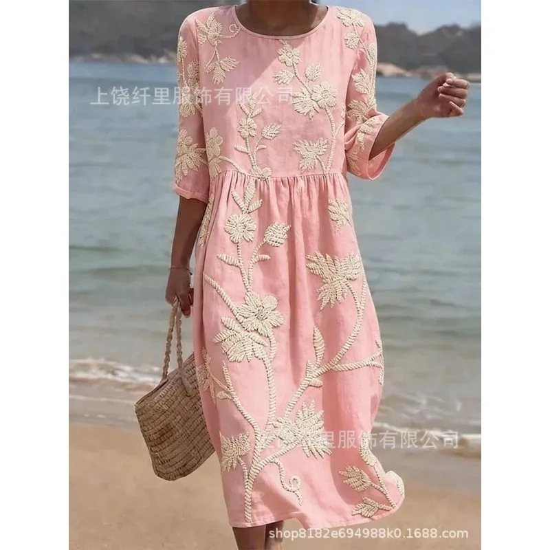 Spring Women's Clothing 3D Print Round Neck Casual Wear Elegant Party Dress For Woman Polyester Loose Fit Long Sleeve Maxi