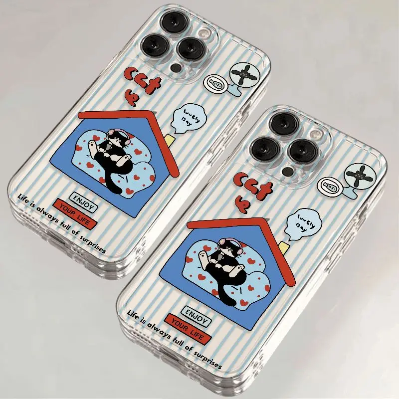 

Blue White Striped Black Cat Phone Case For iPhone 16 15 11 12 14 13 Pro Max Mini XS XSM XR 7 8 Plus SE4 16e Cute Covers Fundas