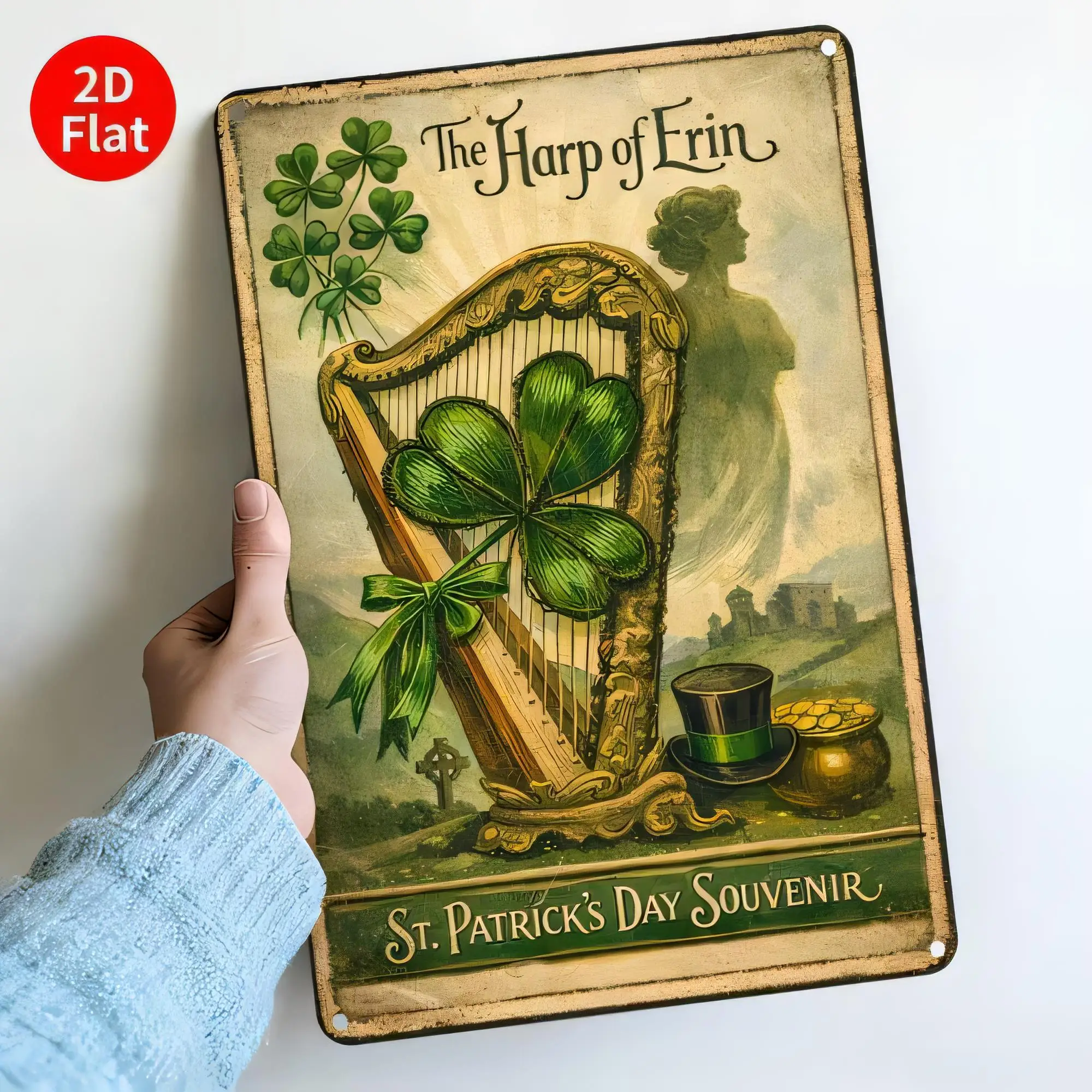Vintage St. Patrick's Day Harp of Erin Tin Sign, 2D Flat Metal Plaque Wall Art, Irish Shamrock Guitar Pub Bar Decor for Home Roo
