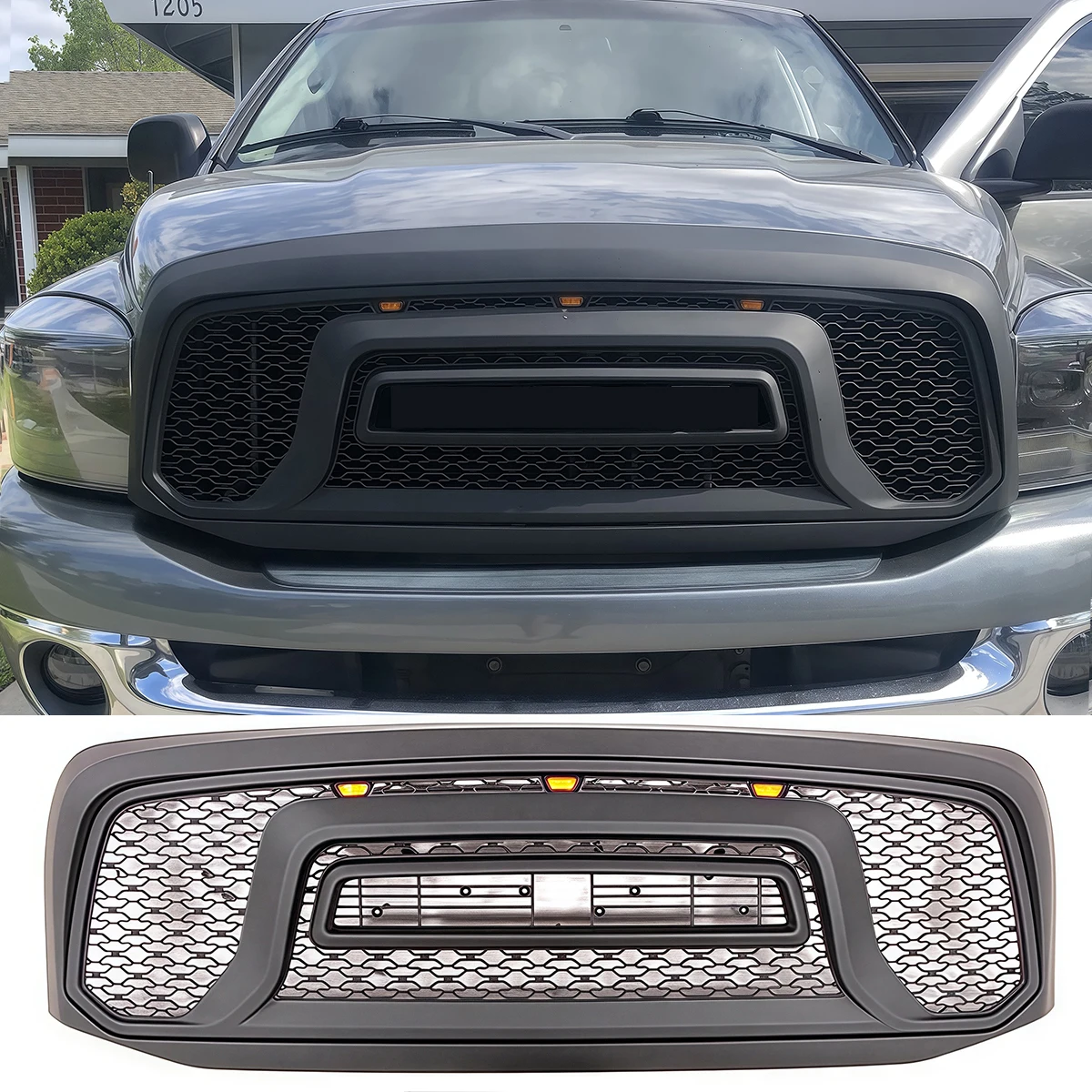 

Front Grill W/Light Fits For 2002-2005 2006-2008 2009-2012 Dodge Ram 1500 Honeycomb Style Black Grille