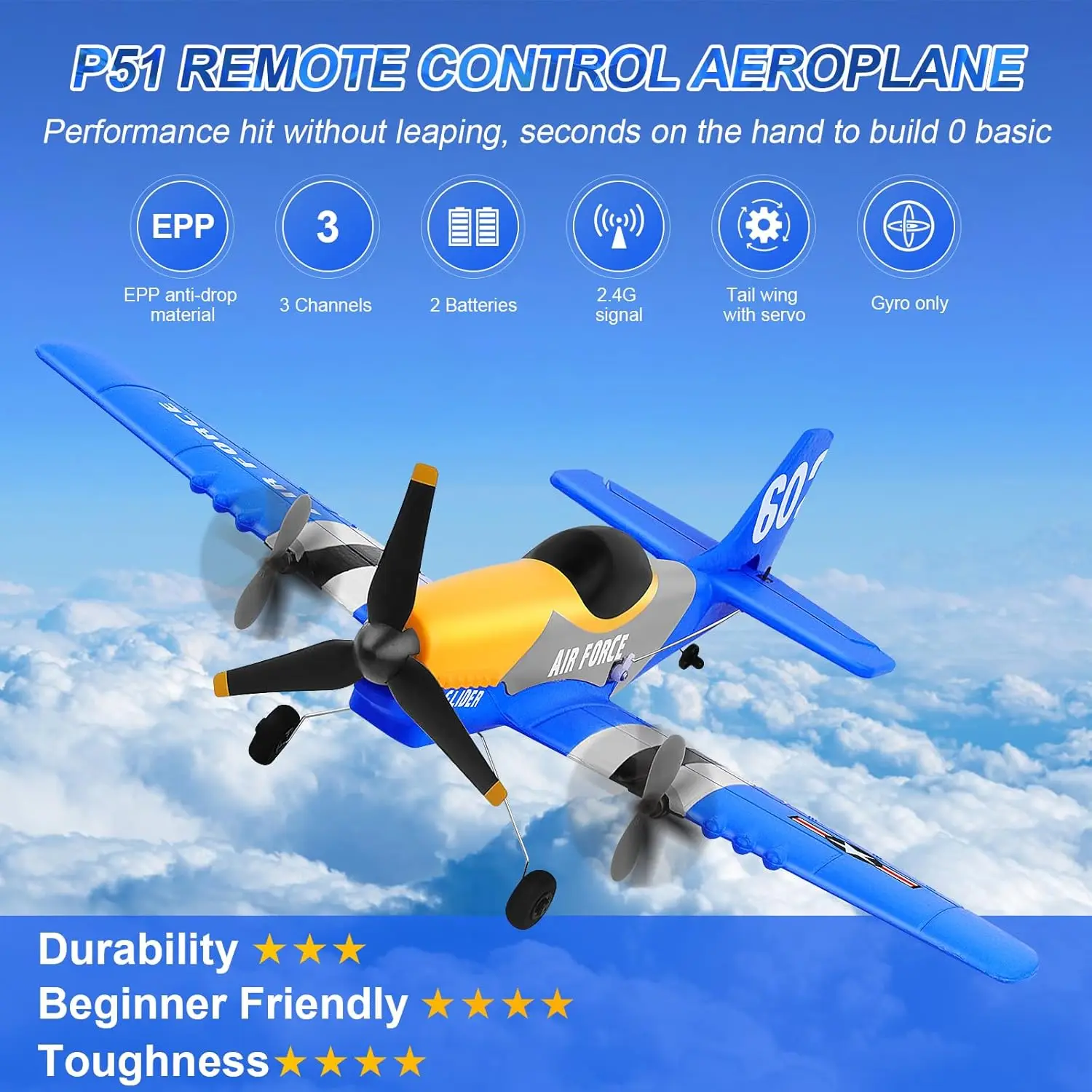 Blue P-51D 3-Channel RC Plane 2.4GHz Gyro-Stabilized Fighter Airplane Hand Launch Or Ground Takeoff Includes 2 Batteries