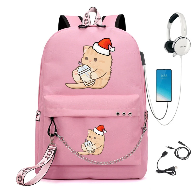 Anime Cartoon Schoolbag, Boba Kitten, Bubble Tea Backpack, De volta às mochilas escolares, USB carregamento Bookbag