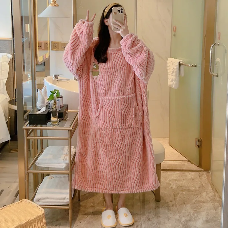 Plus Size 5XL Flannel Nightdress Pullover Night Dress Cute Cartoon Pocket Design Sleepwear 100kg Pregnant Woman Home Clothes