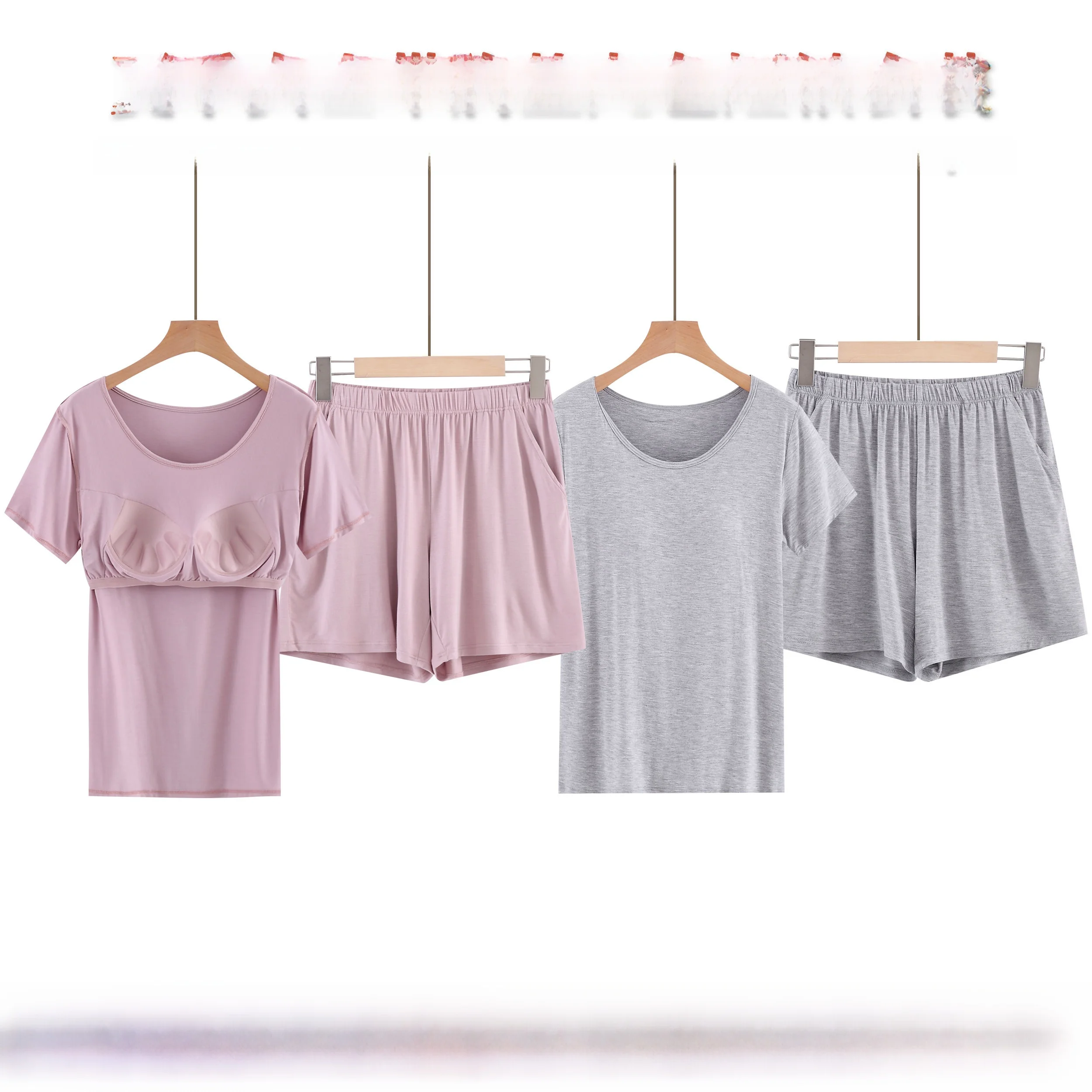 Summer Women's Short Sleeve Short Pant Set Thin Home Clothes No Bra Cup Integrated Casual Home Clothes Two-Piece Set
