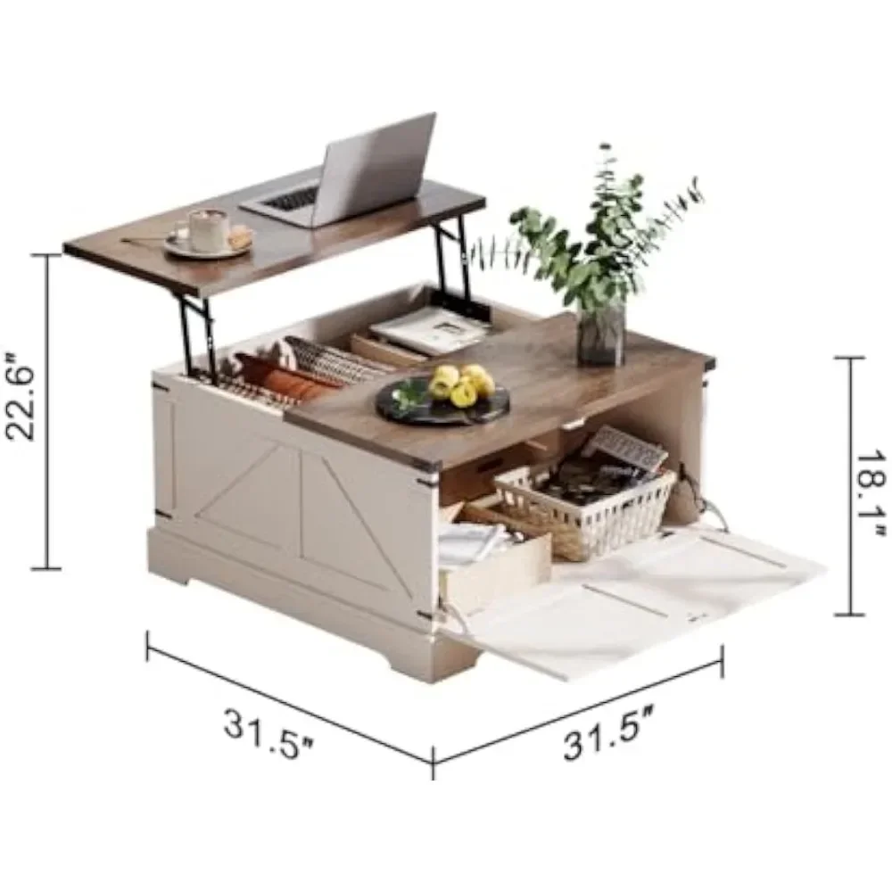 Farmhouse Coffee Table with Hidden Storage, Large Square Center Coffee Table with Lifting Top and Flip Drawer