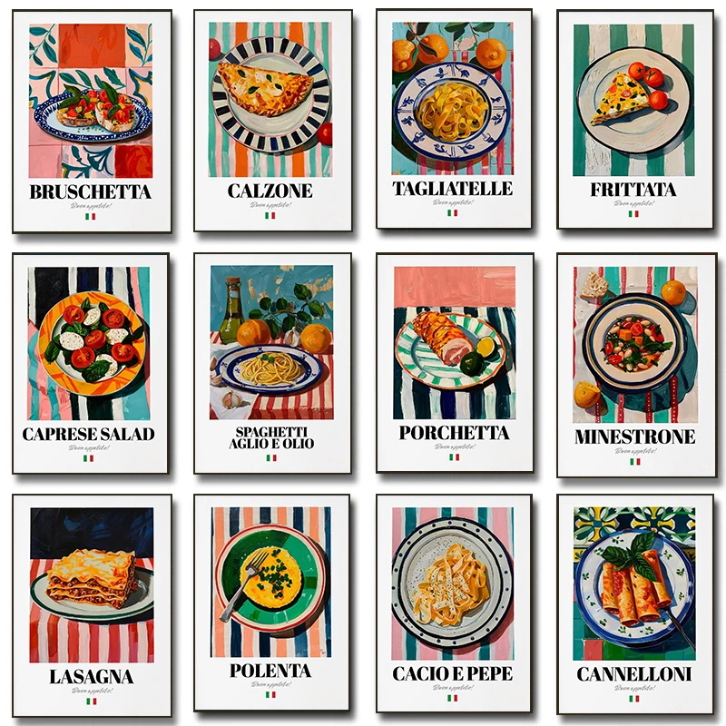 Póster De comida italiana tradicional auténtica para hornear, postre delicioso, impresiones De cocina italiana, pintura en lienzo, pared, cocina, Bar De