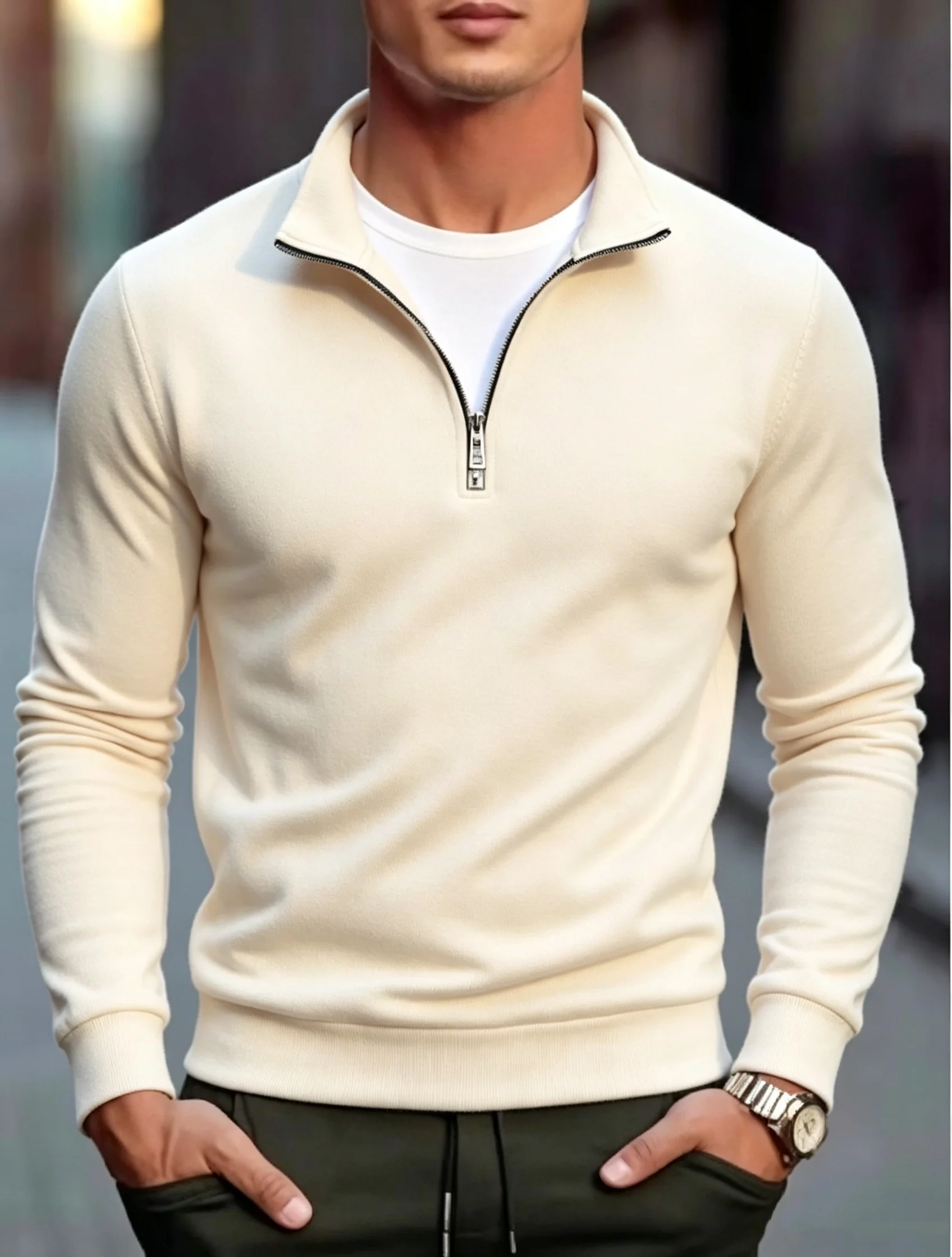Autumn Men's Quarter Zip Up Sweatshirts Slim Fit Lightweight Outdoor Mock Neck Pullover Sweaters Half Turtleneck Knit Streetwear