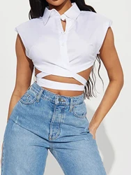 Sweetown White Solid Turn Down Collar Cross Bandage Cropped Shirts For Women Sleeveless Button Up Simple Sexy Vacation Tops