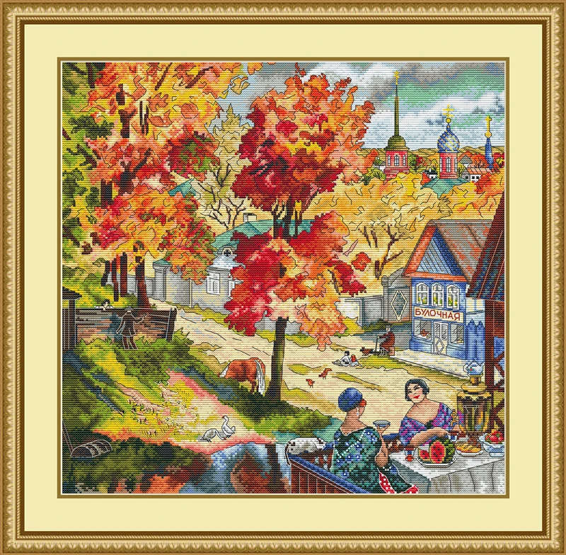 Paesaggio autunnale della città 18CT 16CT 14CT non stampato kit punto croce di alta qualità ricamo arte fai da te ricamo fatto a mano decorazioni