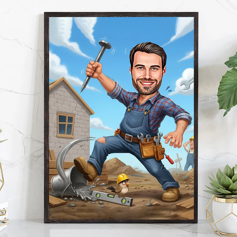 Custom Construction Worker Cartoon Portrait Prints Personalized Caricature Gift Poster Decor Canvas Painting Father's Day Gift