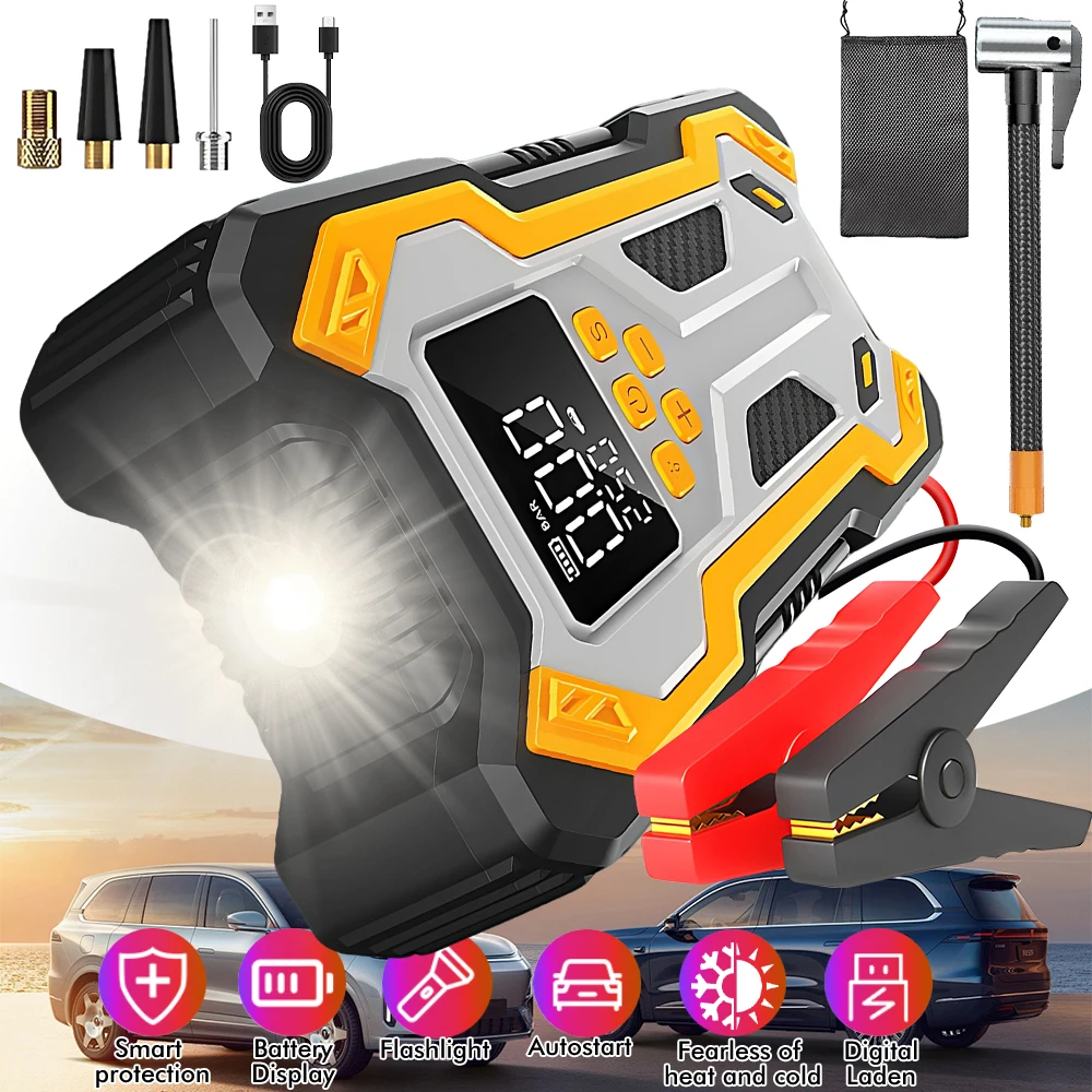 Car Jump Starter All-in-One 6000mAh,1500A Peak Current,Built-in Air Inflator,Smart Battery Clamp,Portable Grid Storage Bag,12V Jump Starter for ≤2.0L Petrol & ≤1.5L Diesel Car,LED Emergency Light,SOS,Power Bank Function view 6