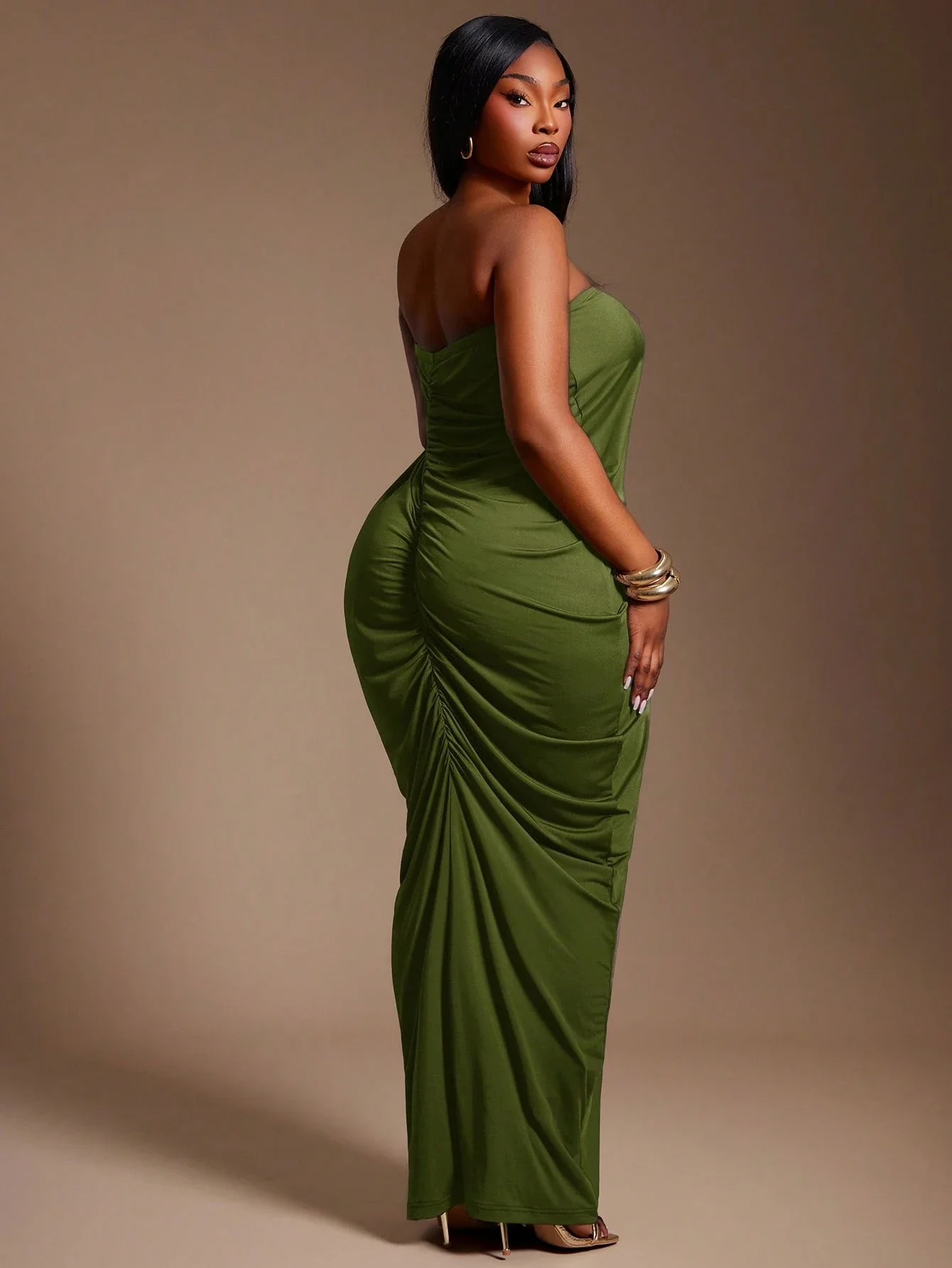 

Olive Green Strapless Maxi Dress With Metal Detail Elegant Evening Gown
