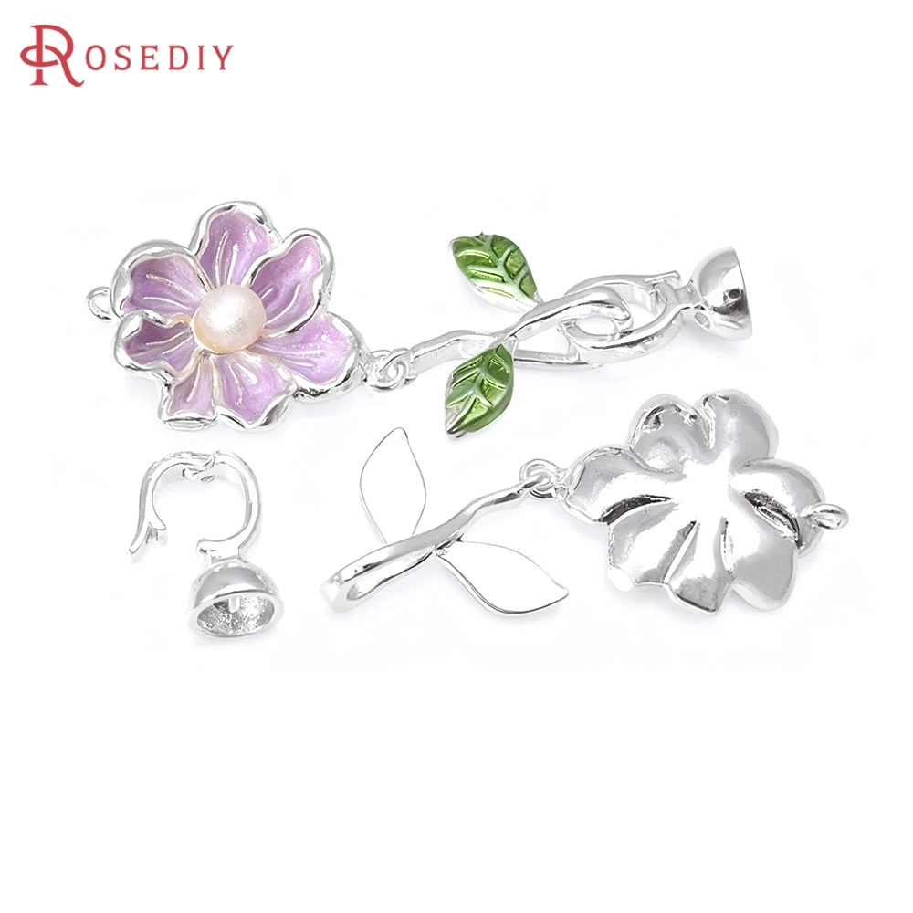 2 مجموعات 18K الذهب اللون النحاس مع اللوحات الزيتية البلاستيك تقليد اللؤلؤ زهرة ربط المشابك للجلود حبل صنع المجوهرات