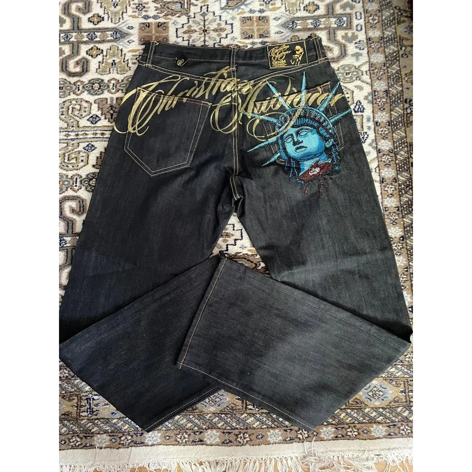 Y2k rétro Statue de la liberté diamants Denim pantalon taille basse droite femmes décontracté jambe large jean Harajuku Vintage femmes vêtements