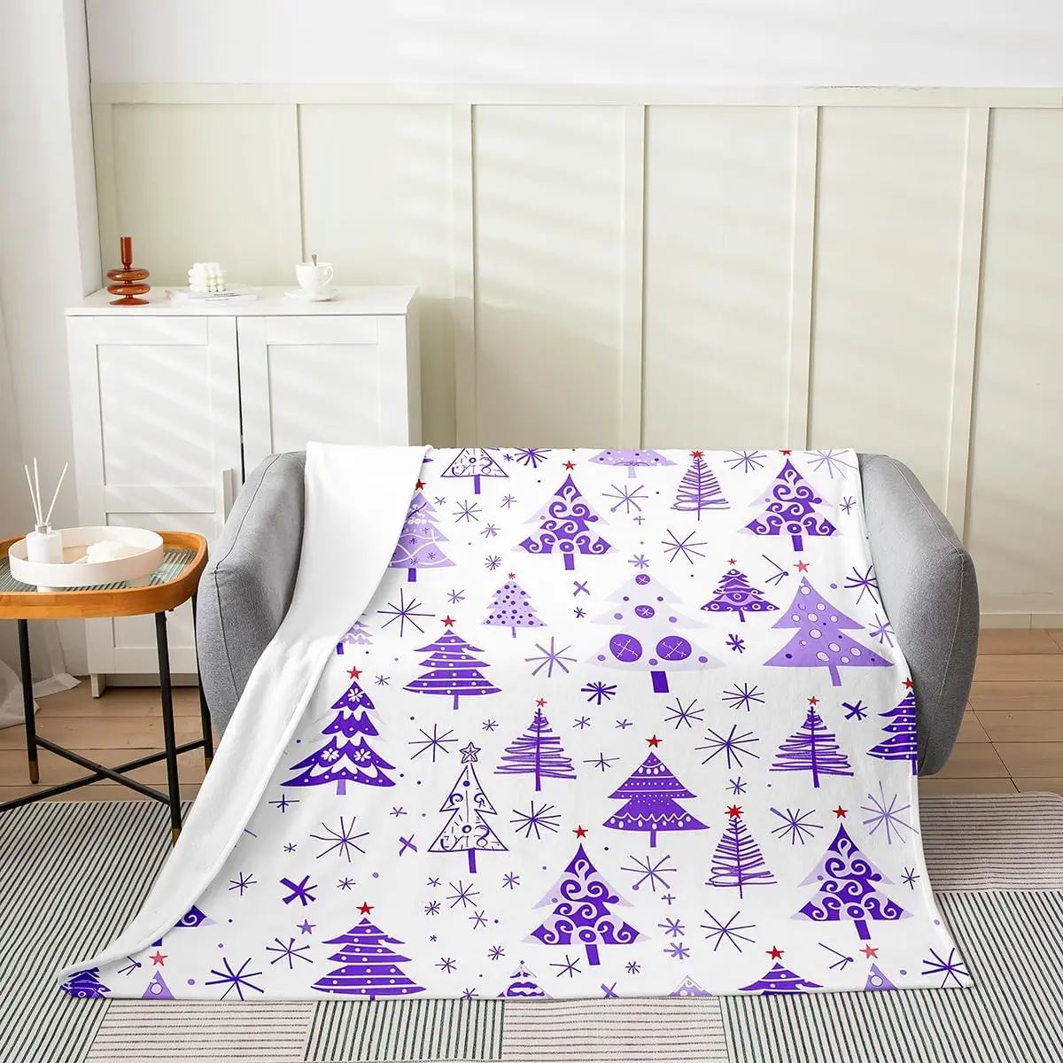 

Purple Xmas Trees Flannel Blanket Christmas Theme Cartoon Throw Blanket Happy New Year Cozy Throws for Bed Couch Sofa,Kids Boys